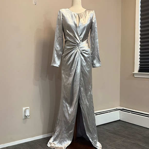 NEW Aidan Mattox evening gown maxi dress slit cut out silver formal wear - Picture 2 of 16